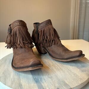 Liberty Black Women's Brown Suede Fringe Studded Western Ankle Boots US Size 8